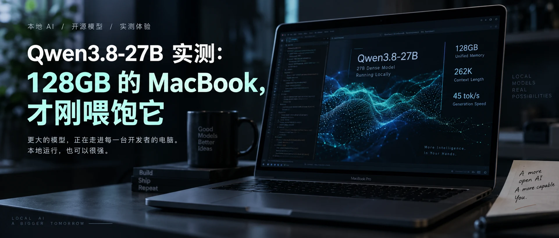 Qwen3.8-27B：27B dense，发布时 AA 指数 52，原生 262K 上下文，M4 Max 128GB 实测 45 tok/s
