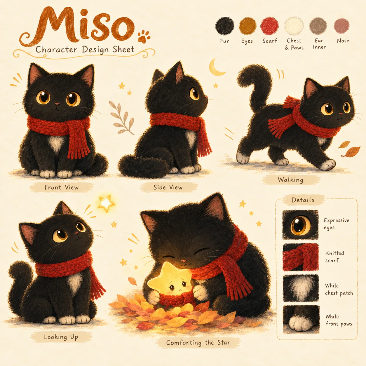 Miso 角色设定图示意:正面、侧面、行走、抬头、抱星星五个姿态与配色标注