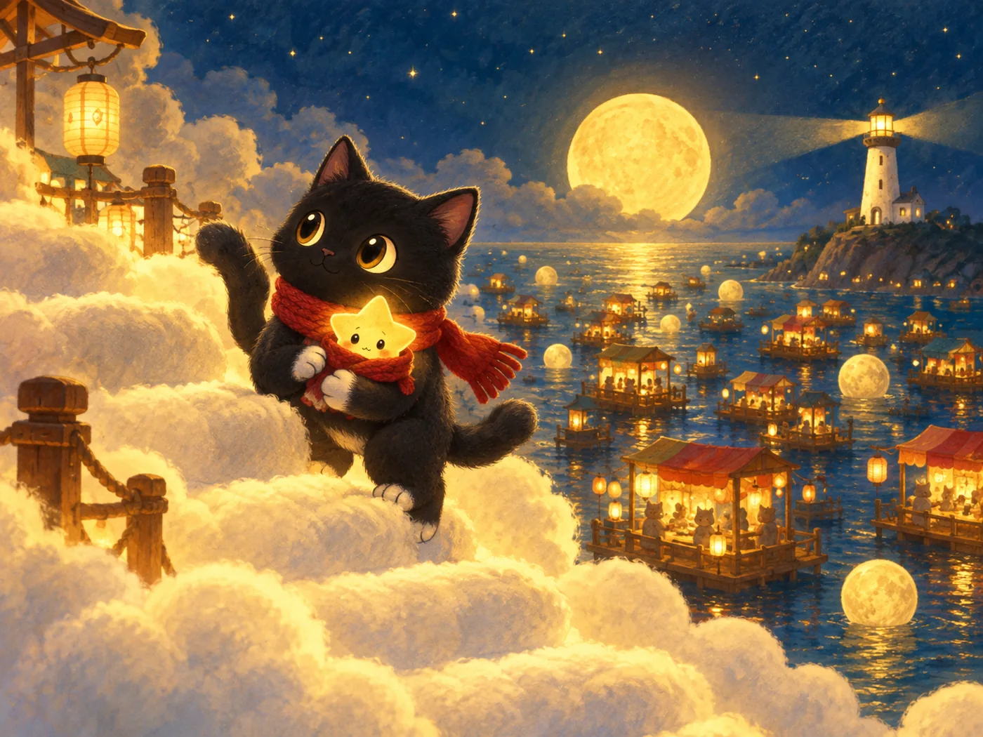 《Miso and the Moon Market》内页:Miso 抱着小星星站在云做的阶梯上,远处是月亮集市与灯塔