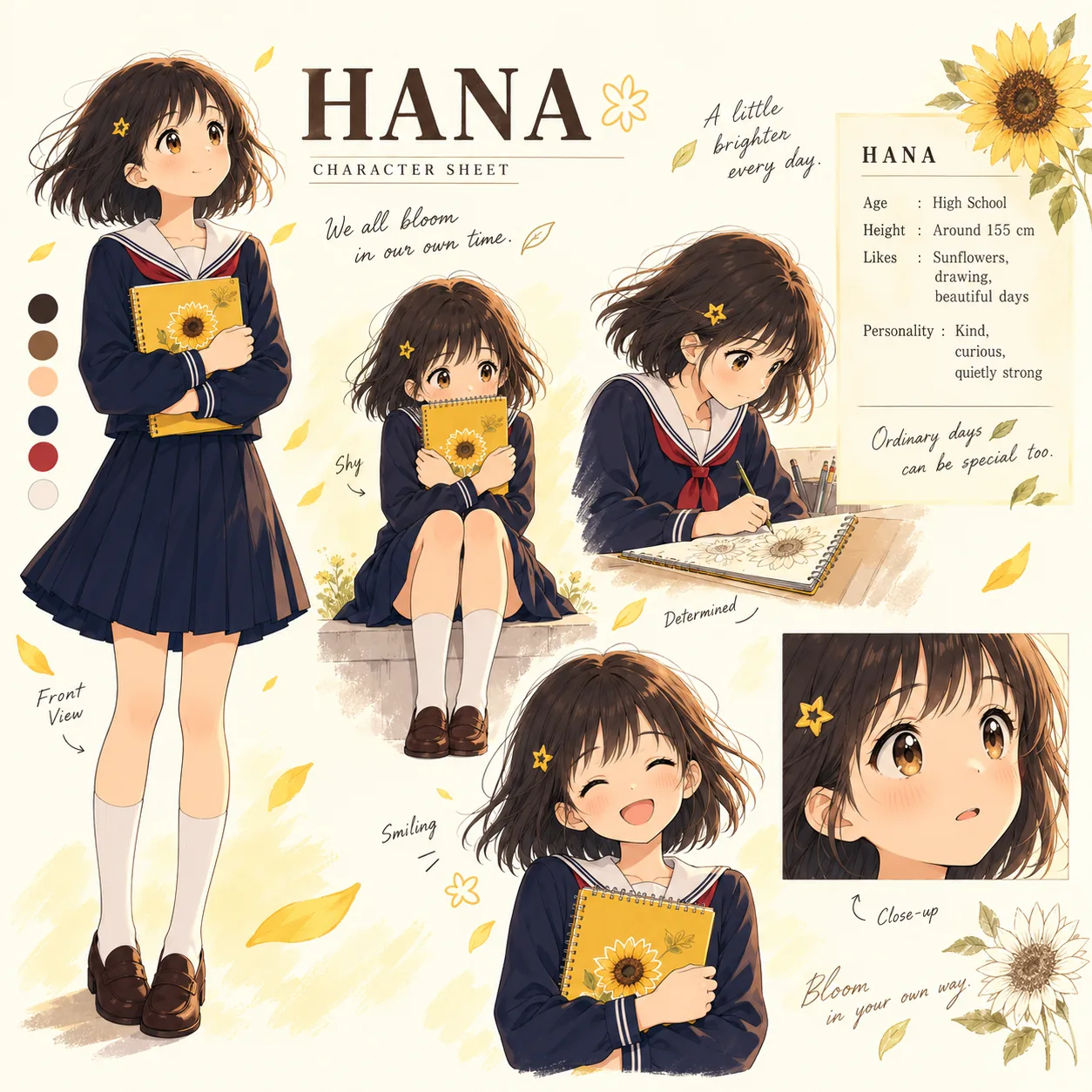 Hana 角色设定图示意:正面、害羞、微笑、作画四个状态与配色、性格标注