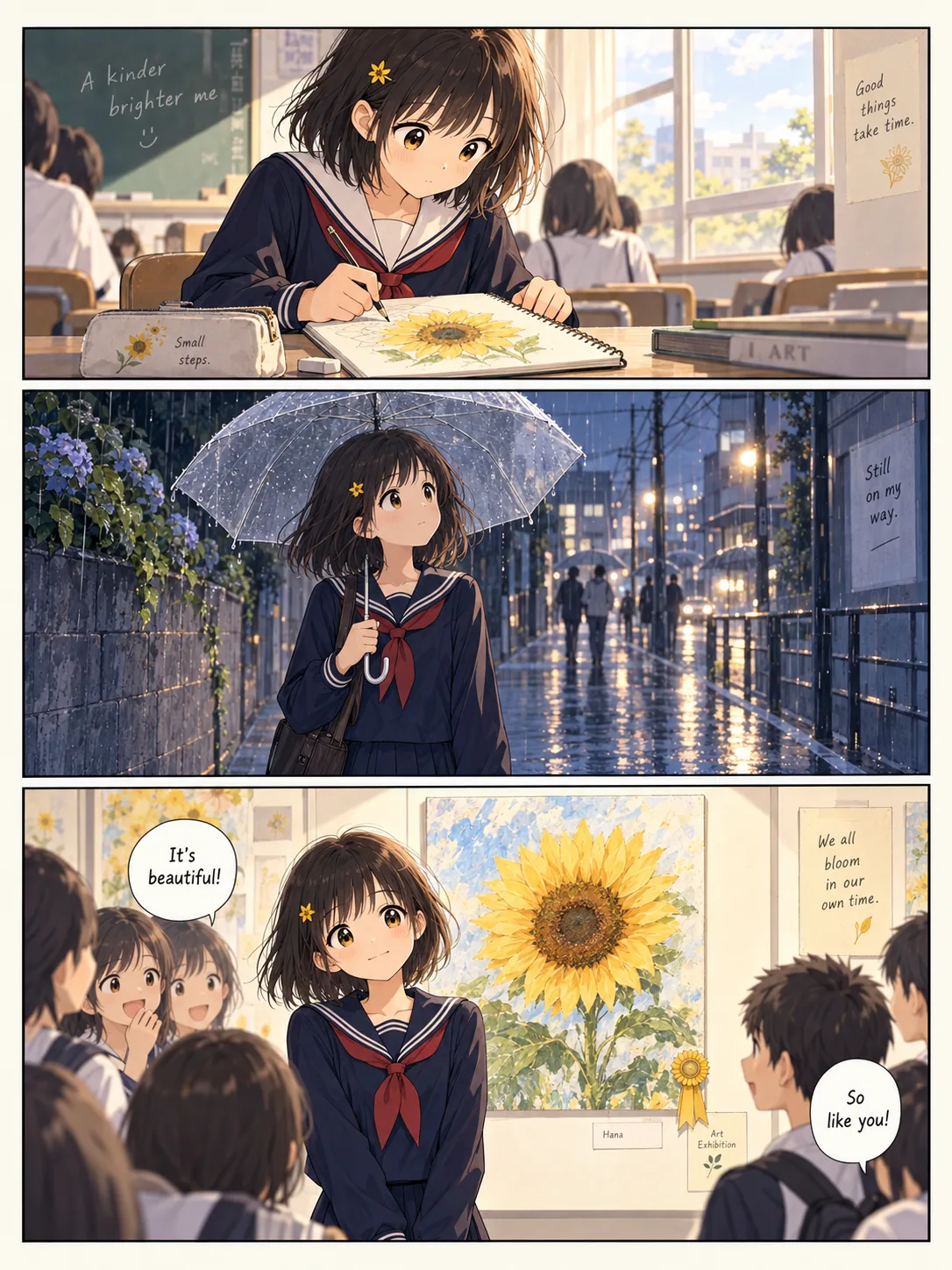 《BLOOM》内页:课堂、雨中、画展三个连续场景