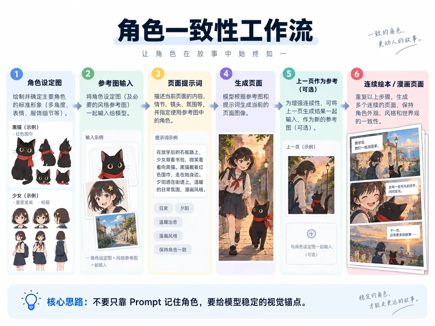 角色一致性工作流:从角色设定图到连续页面的六步