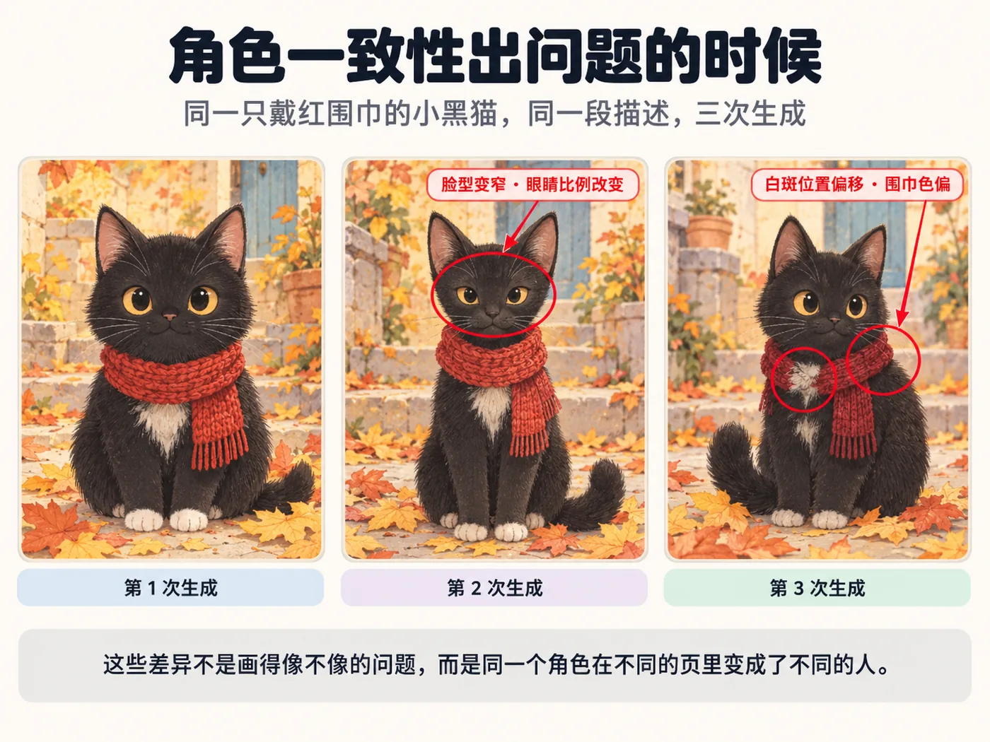 角色一致性出问题的时候:同一只小黑猫、同一段描述,三次生成之间的差异
